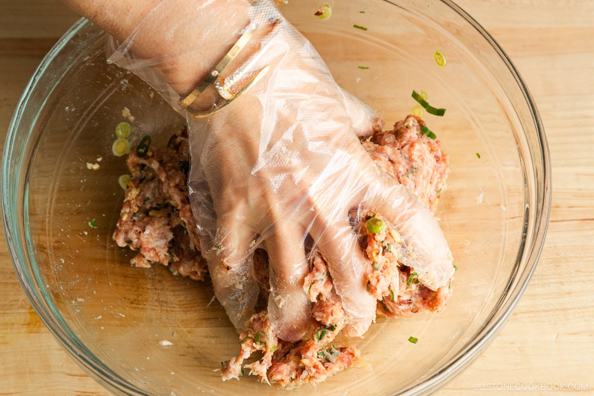 Kneading the gyoza ingredients.